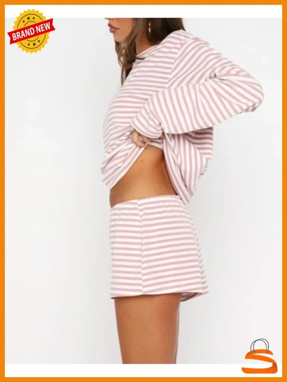 Women's 2-Piece Striped Pajama Set Long Sleeve Top & Shorts Lounge Set